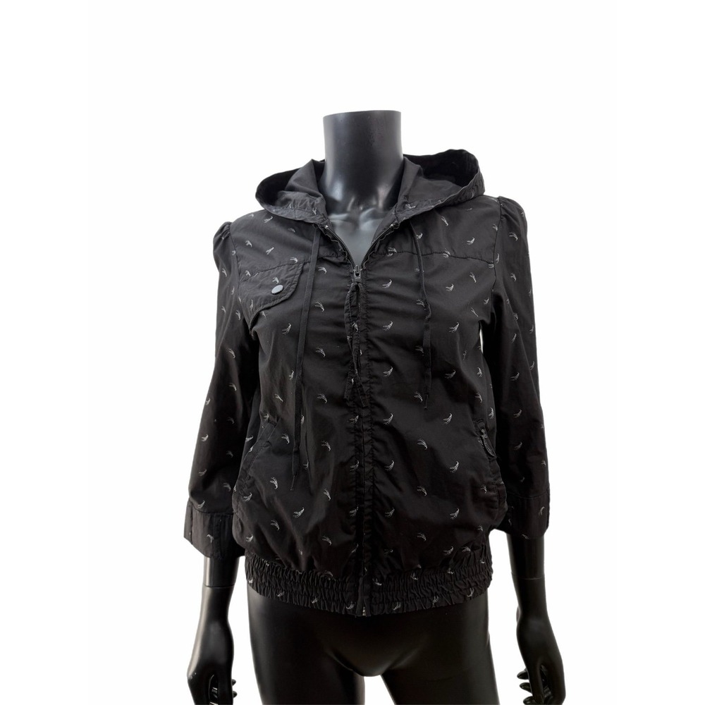 OBEY Black Hooded Lightweight Jacket Women's M Embroidered Birds Zip Up